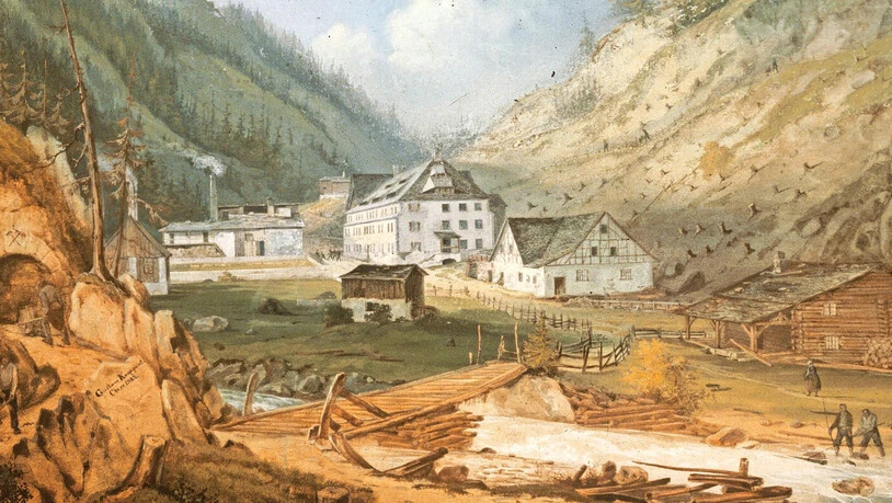 Dieses Aquarell von Gustav Kopp zeigt die Situation am Schmelzboden um 1842. Ganz rechts ist zu sehen, wie geflösstes Holz aus dem Landwasser entnommen wird. 