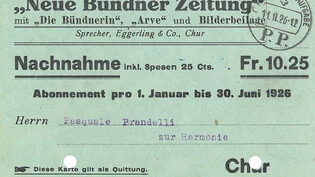 Abonnement-Quittung der «Neuen Bündner Zeitung» aus dem Jahr 1926.