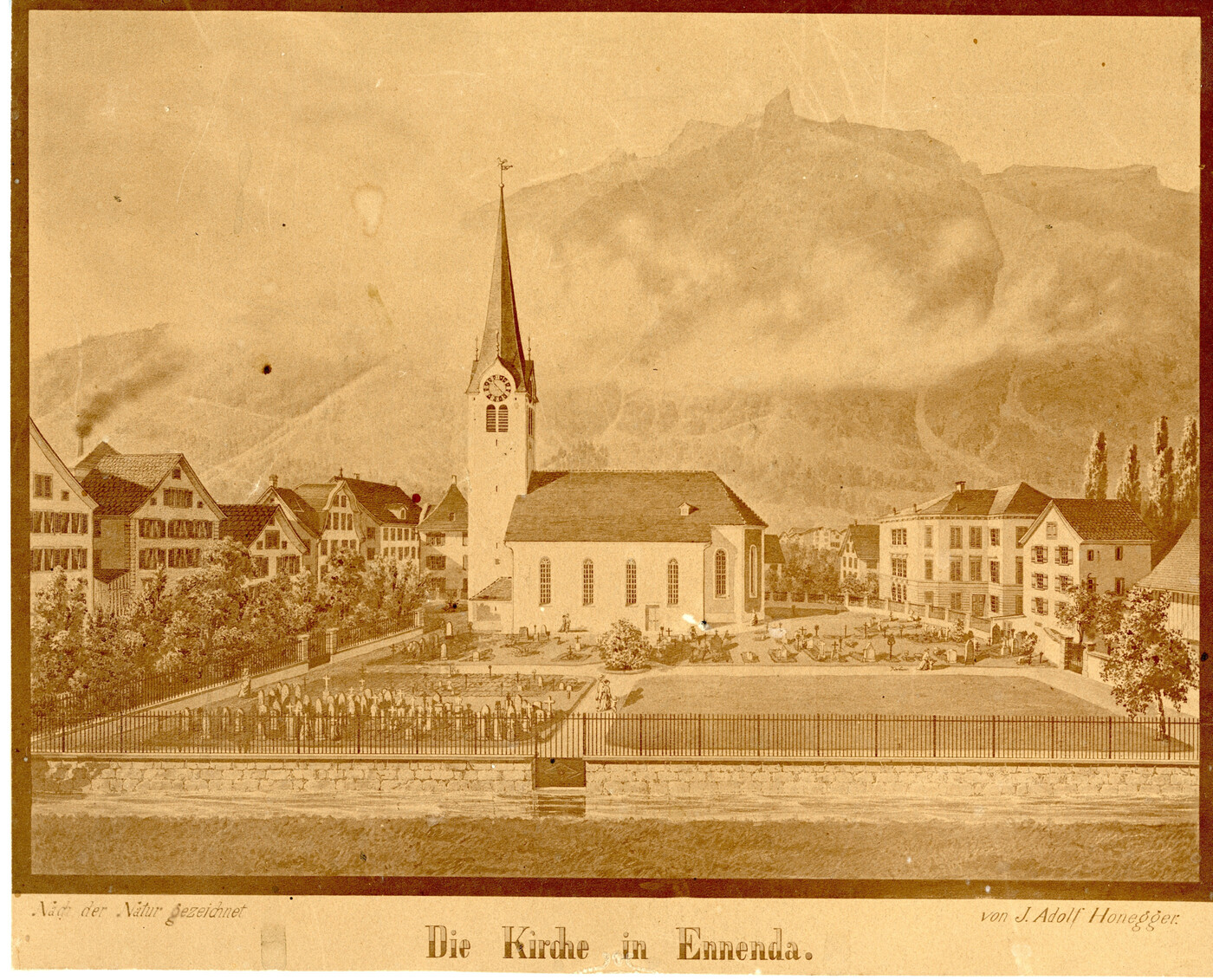 Hier die Zeichnung nochmals in vollem Format: Die von J. Adolf Honegger mit Blick zum Schilt gezeichnete Kirche Ennenda wurde 1774 von Baumeister Jakob Mesmer gebaut, das Schulhaus rechts davon 1832. 